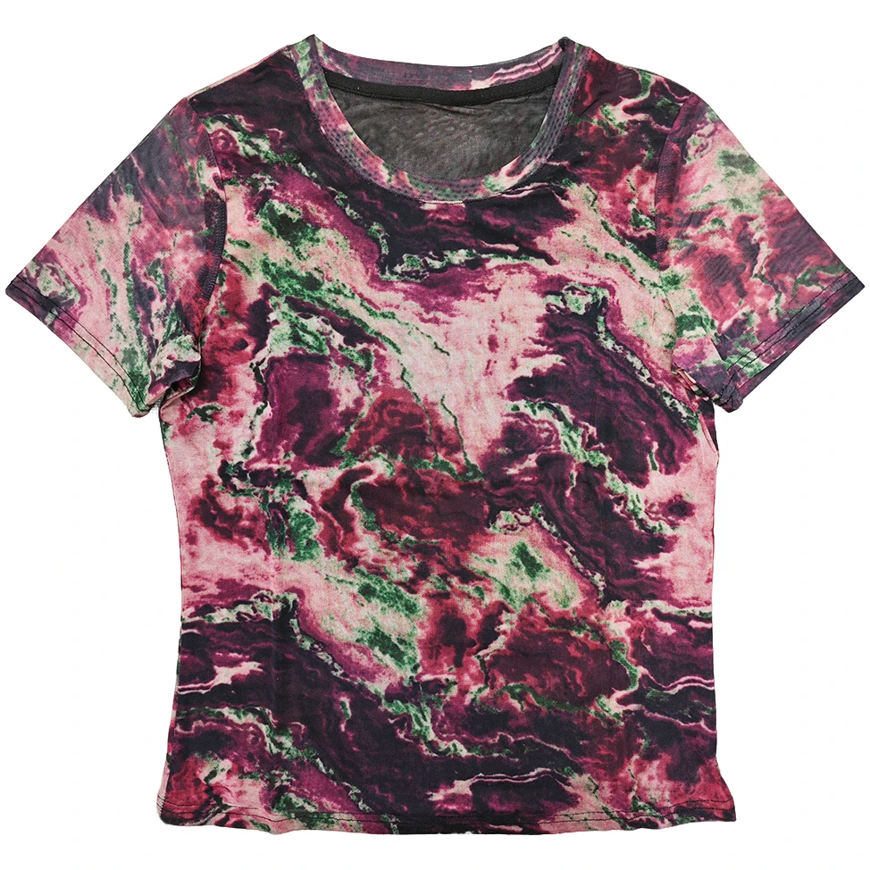 紫陌繁花 减龄独特漂亮新款遮肉显瘦透气网纱印花夏季百搭T恤1743