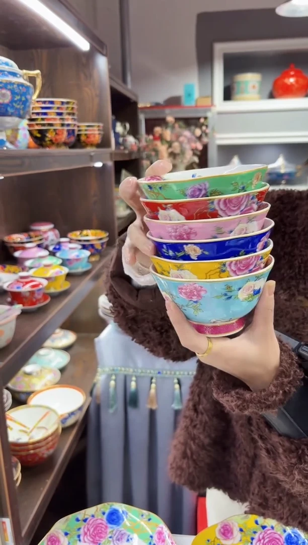 珐琅 4.7英寸花口碗10个景德镇陶瓷混色