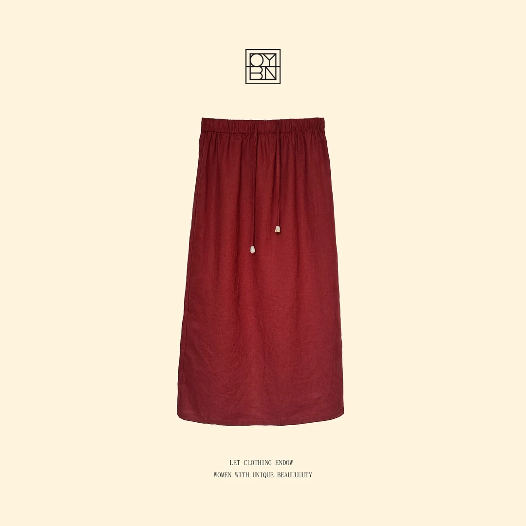 OYBN欧阳贝妮【热红酒】微胖大码亚麻抽绳纯色半身裙3065