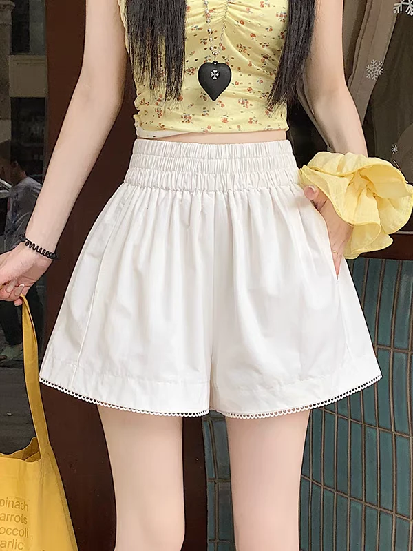 (纯棉阔腿裤)花边百搭休闲短裤女2025夏宽松高腰a字休闲阔腿短裤