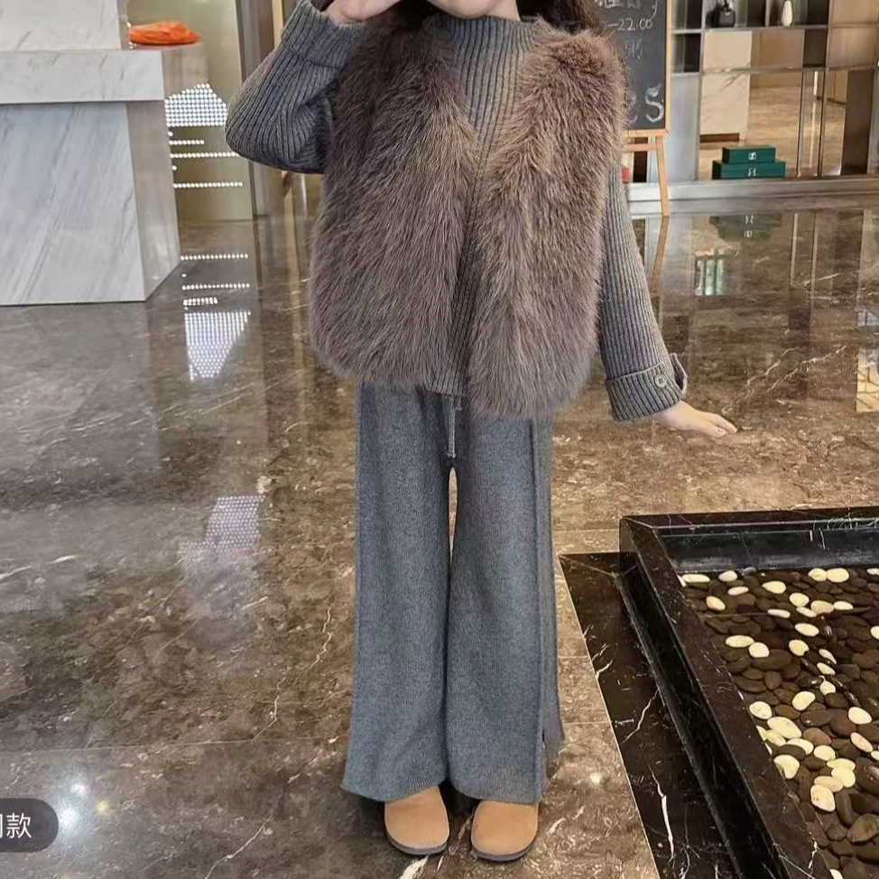 【秋冬上新】女童秋冬季时髦复古小香风加厚毛衣马甲裤子套装D