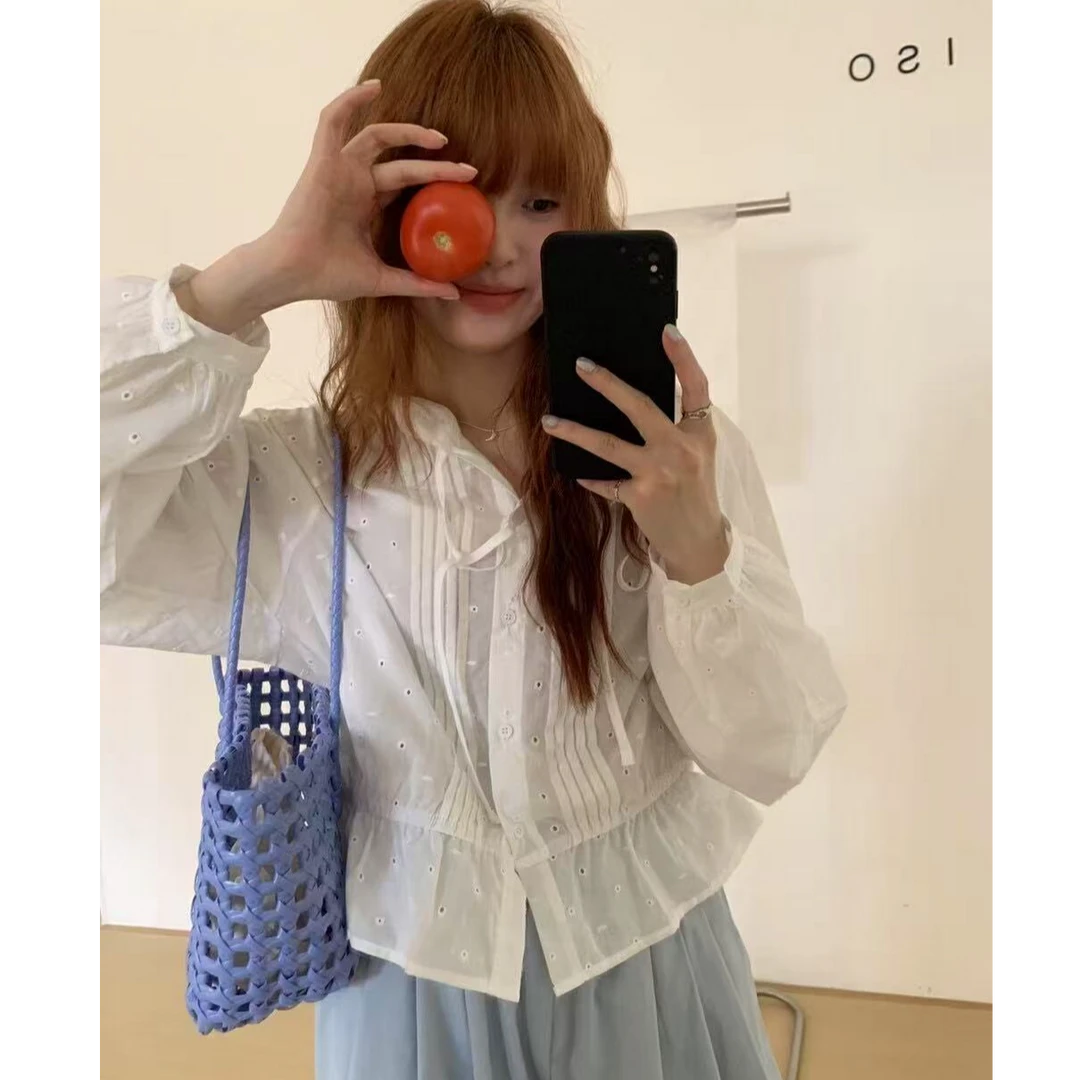 2025韩版宽松压褶刺绣洞洞轻薄连帽开衫上衣法式设计感防晒衬衫