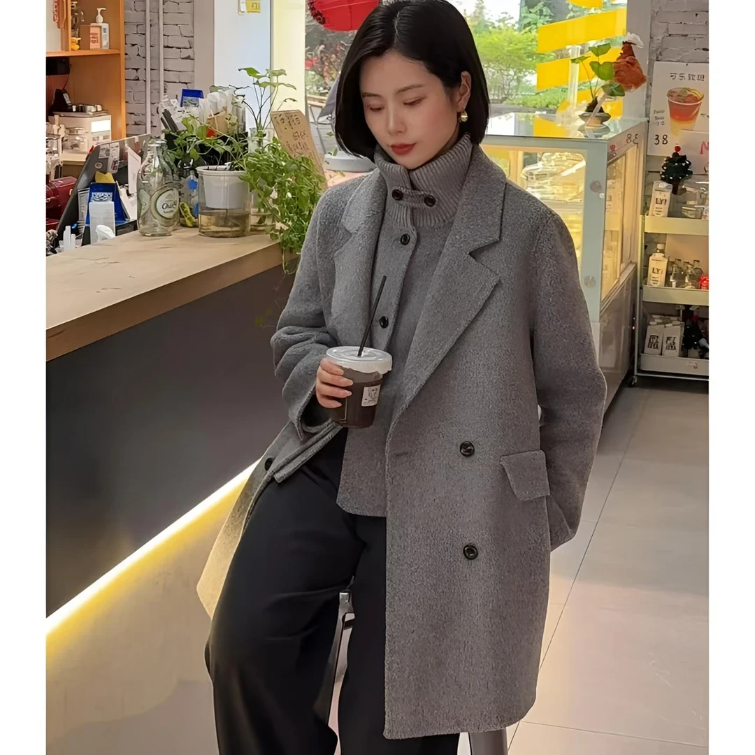 小个子秋冬新款双面立领宽松简约短款女式大衣外套