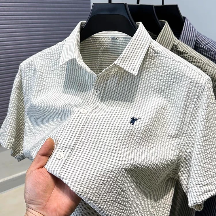 品牌刺绣保罗衬衫男短袖2025新款竖条纹衬衣男半袖潮流纯棉寸衣潮