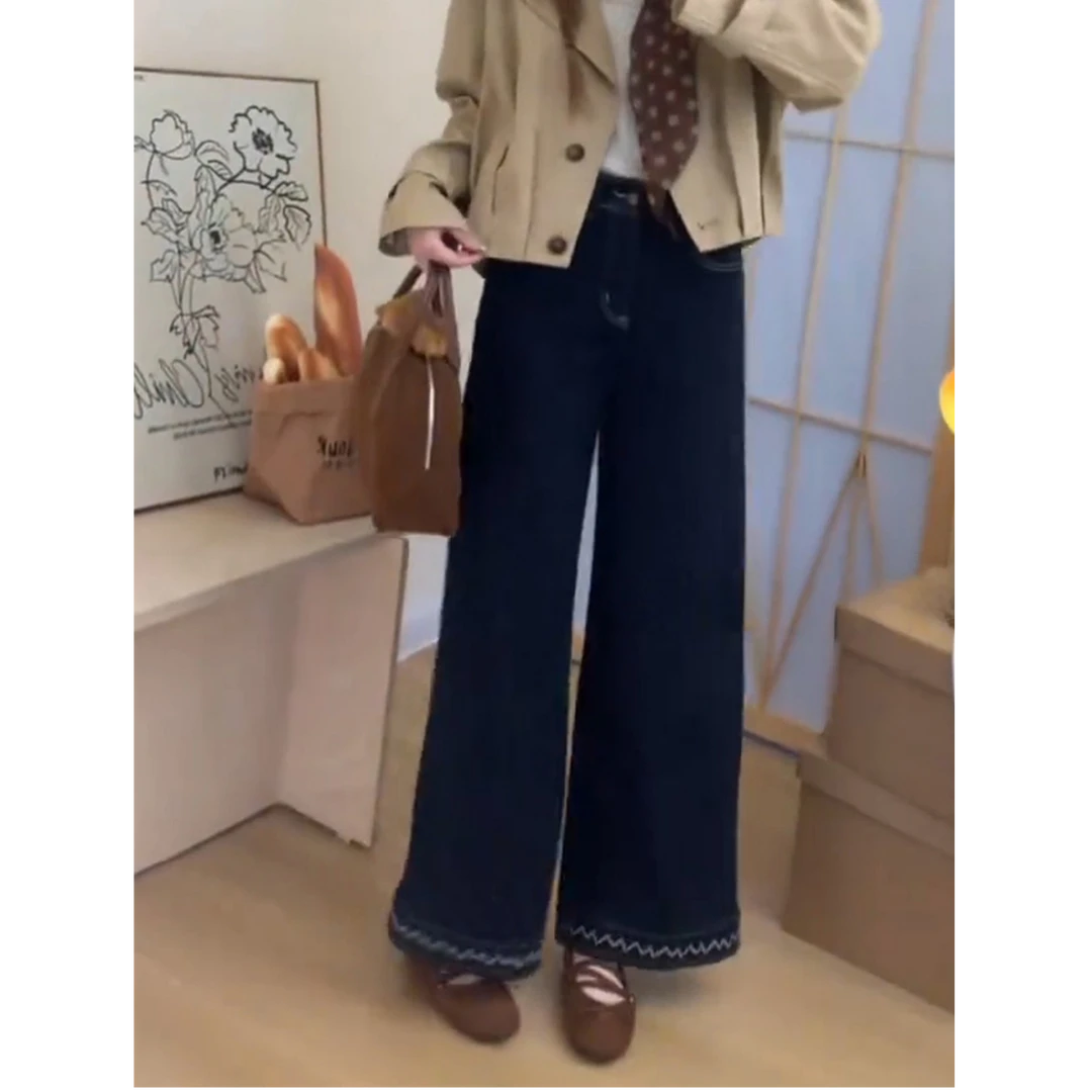 美式深蓝极简风刺绣撞色设计感加绒阔腿九分牛仔裤女秋冬新款裤子