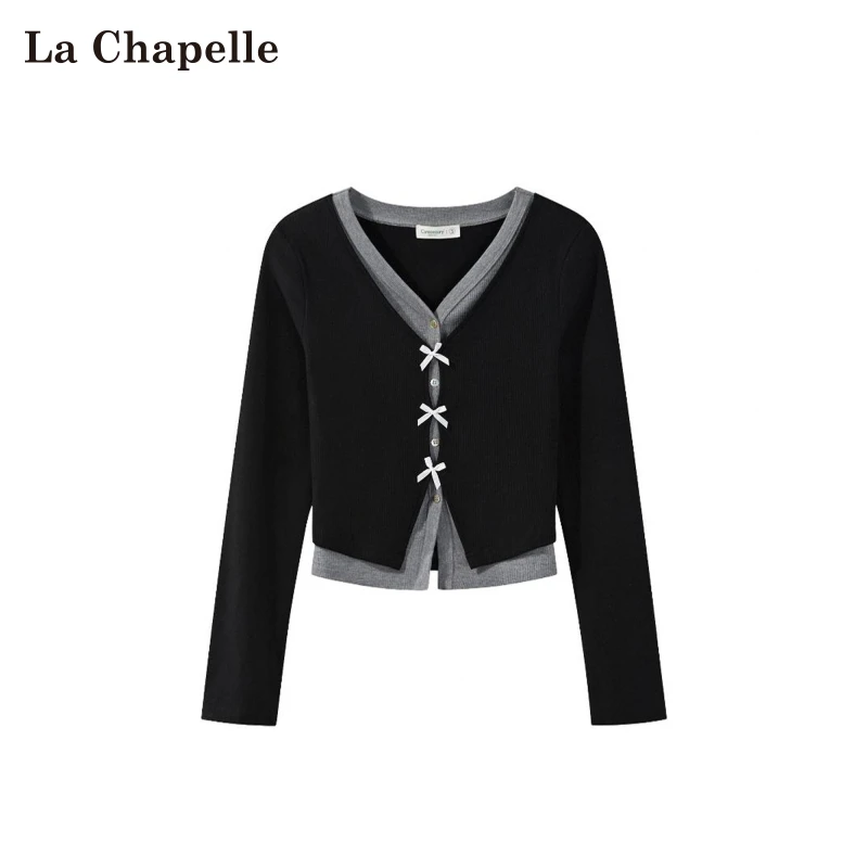 拉夏贝尔黑色蝴蝶结V领长袖T恤女2025秋季新款假两件收腰韩系上衣