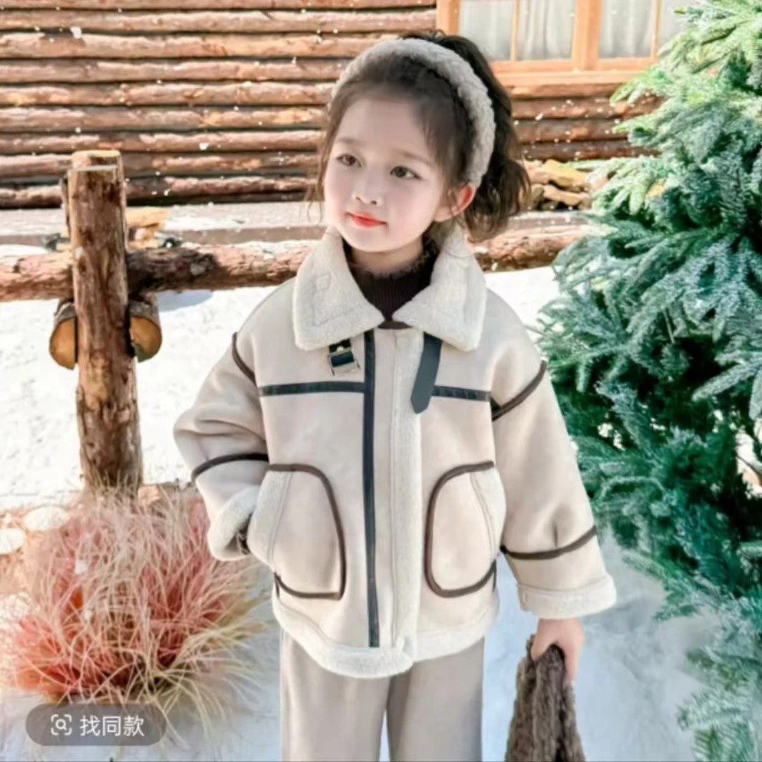 男童女童皮毛一体冬季新款外套韩版儿童洋气时尚机车服加绒秋冬1