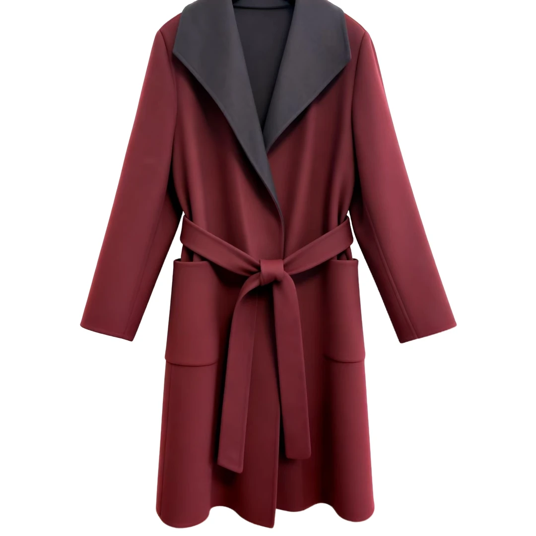 秋冬新款腰带浴袍款双面羊毛毛呢大衣长款