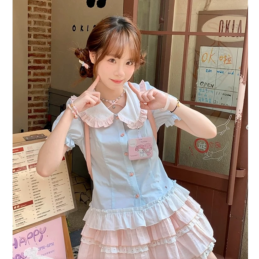 【兔兔学院】夏日漂亮小套装蓝撞粉色衬衫上衣+粉色半身裙连衣裙套