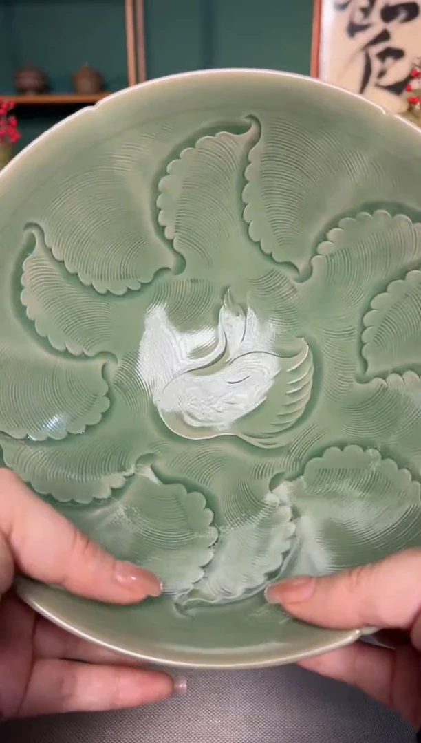 【闪购商品】其他纯手工内外双刻海水鸭葵口出筋斗笠碗