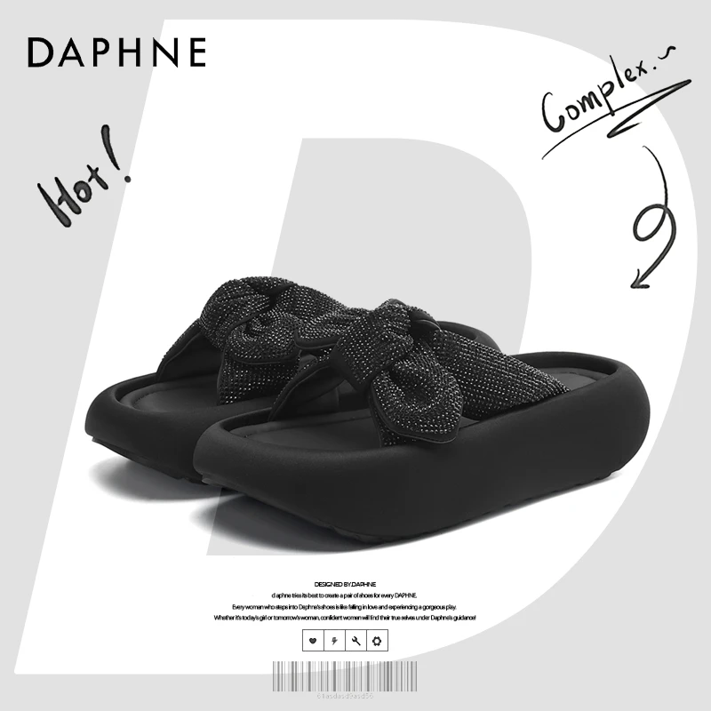 达芙妮网红爆款厚底一字拖2025夏新款蝴蝶结凉拖时尚休闲沙滩拖鞋