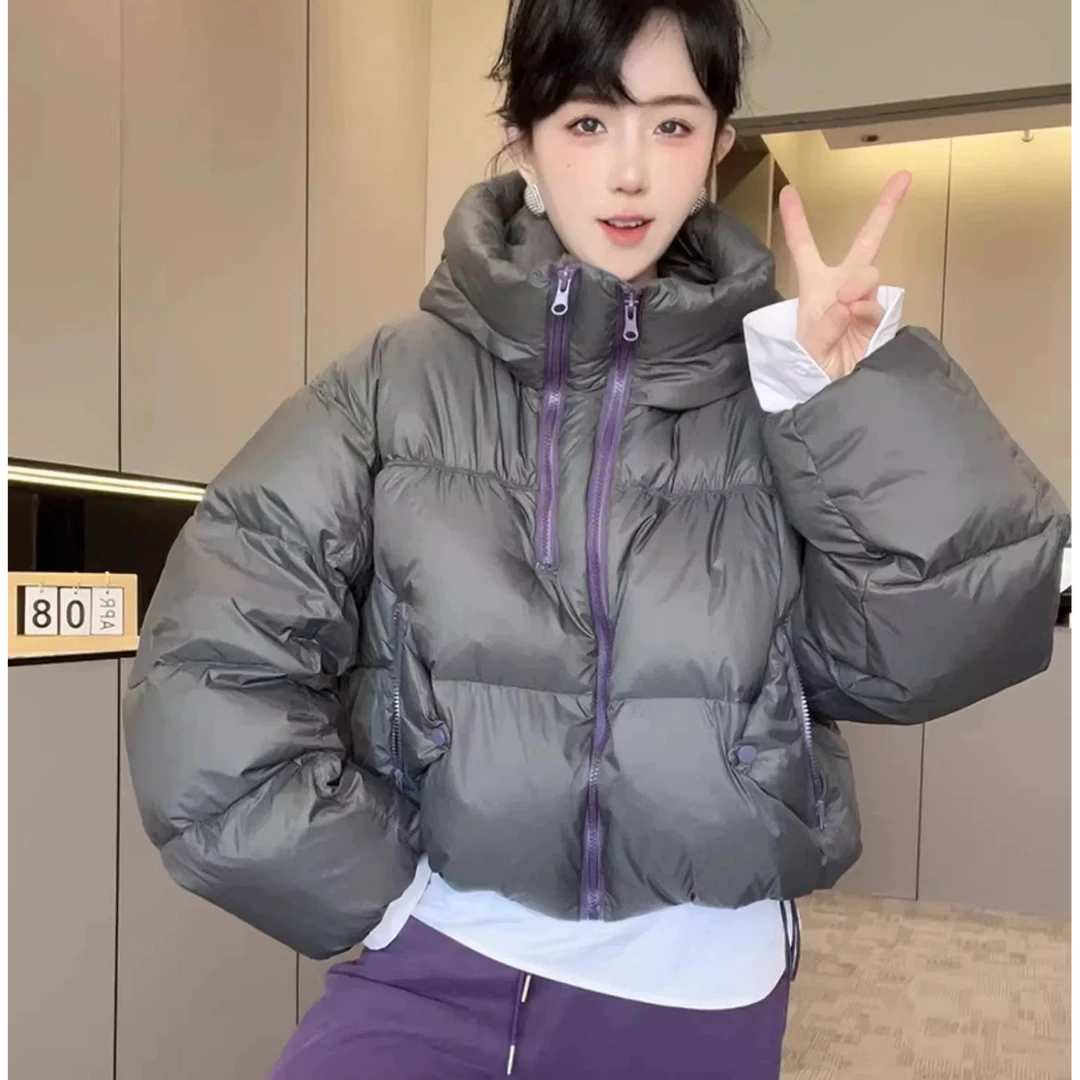 2024年新款双拉链大朵白鸭绒韩版显瘦宽松连帽白鸭绒羽绒服短款