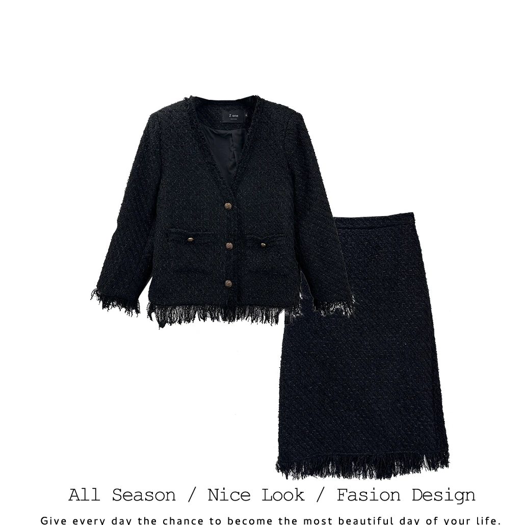 213      时尚黑色小香风外套搭半身裙两件套装      款号#23-630