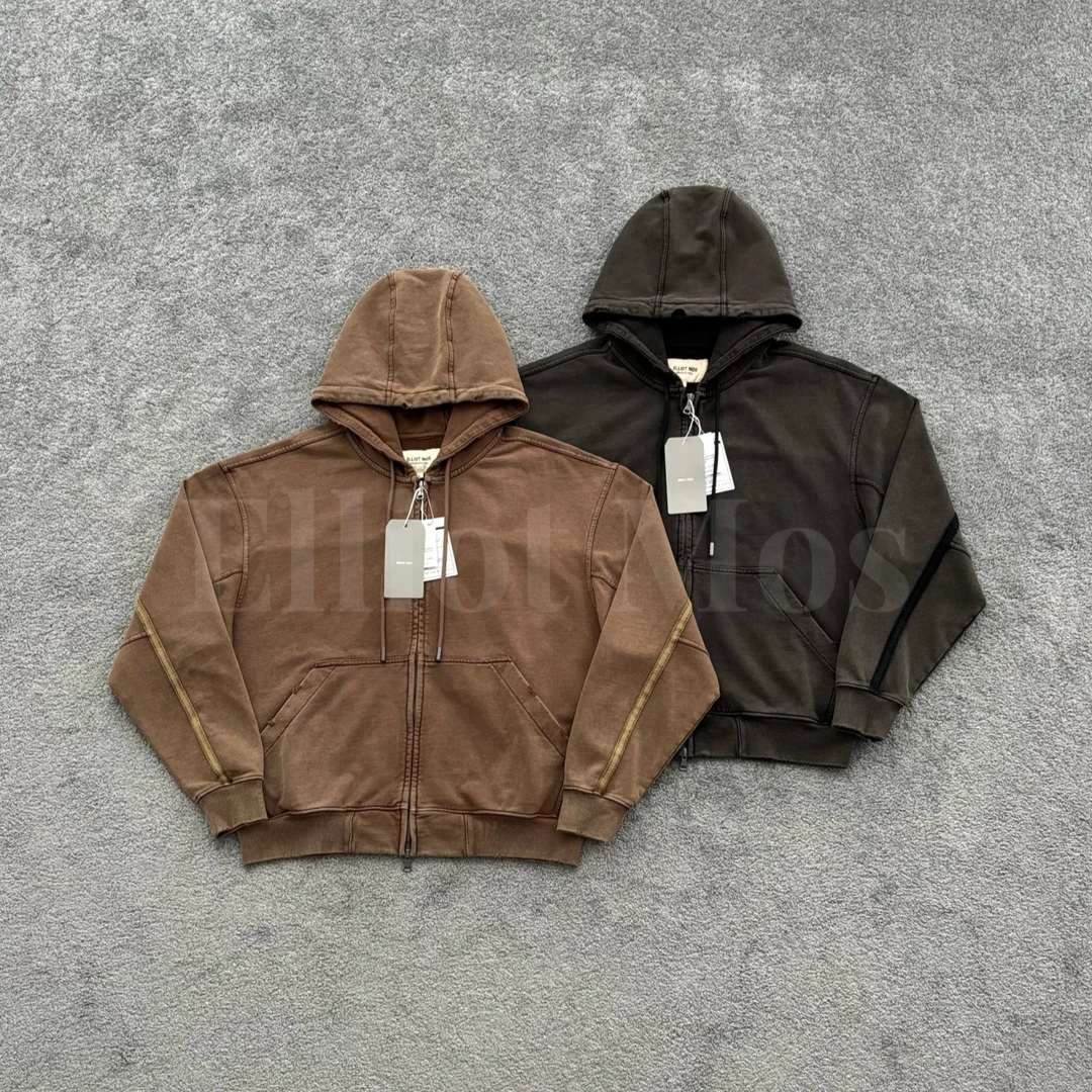 Elliot Mos撞色织带~Washed Hoodie 水洗做旧磨破连帽外套-1298