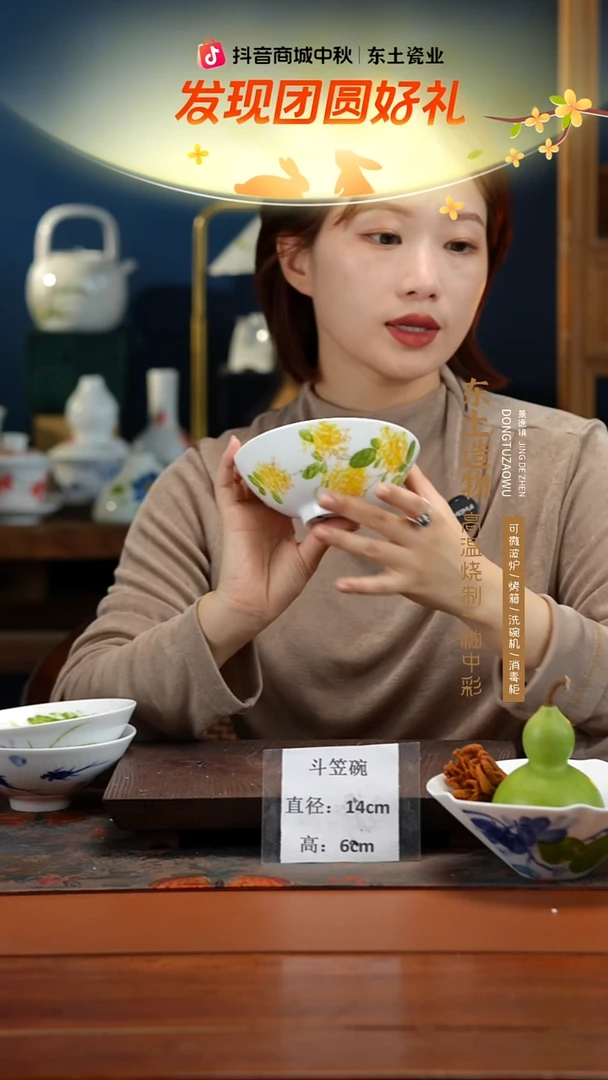 陶瓷景德镇高温釉中彩斗笠碗直径14高6