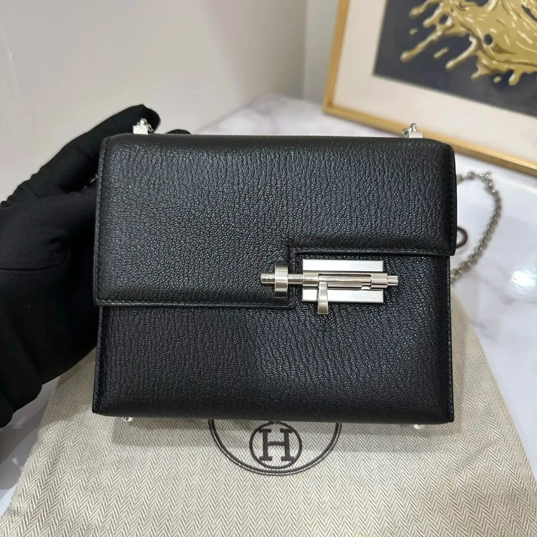 99新 Hermes/爱马仕 定金小花Jerry手枪包 黑色 D刻 银扣