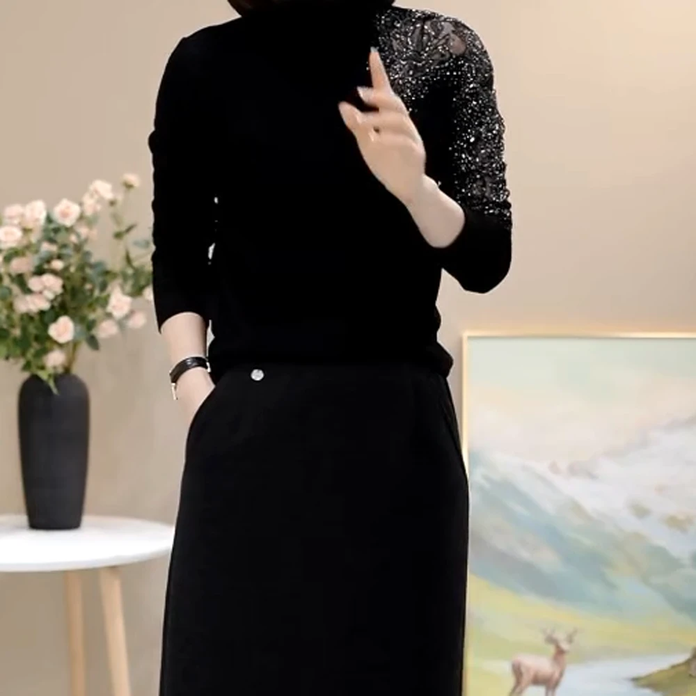 D冬季新款烫钻镂空时尚百搭长袖女士上衣简约修身小衫