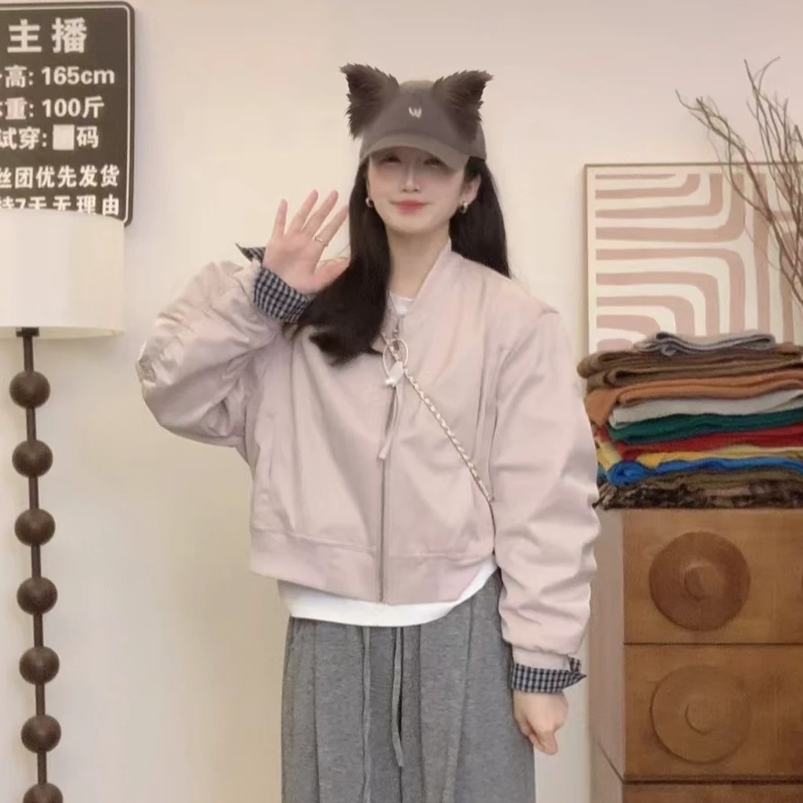 韩系拼接袖夹克百搭宽松休闲小个子外套女2025春季棒球服短款上衣