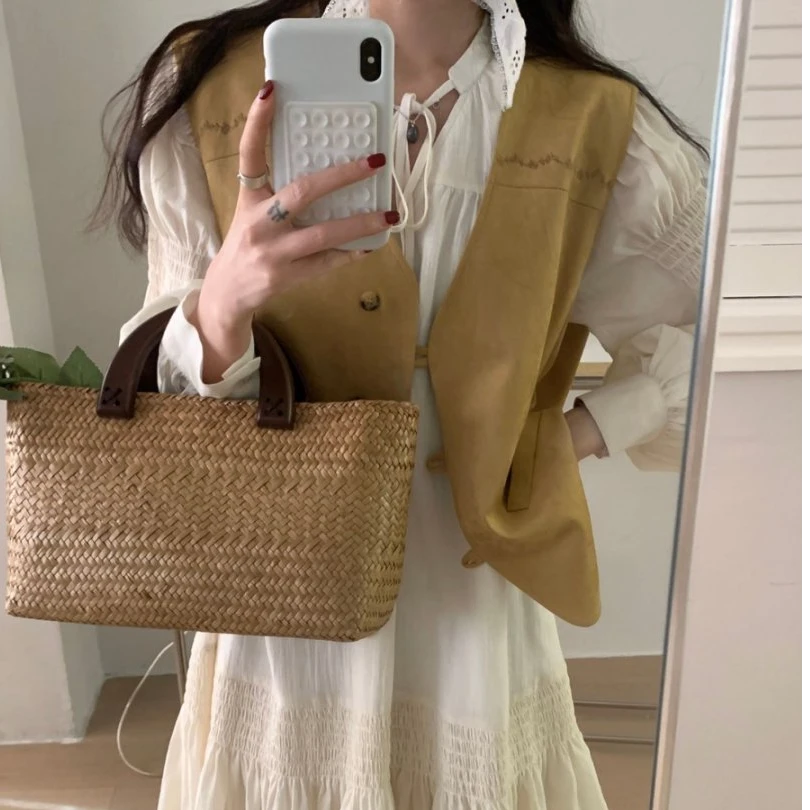 ZHANG&O1 复古百搭内里格子后抽绳鹿皮背心马甲 25039