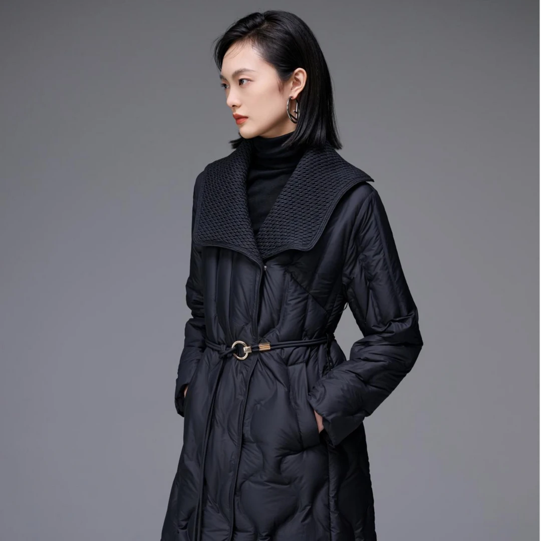 8877腰带翻领过膝保暖羽绒中长款外套