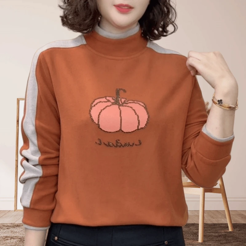 秋冬新款拼色长袖上衣女半高领洋气百搭时尚修身遮肉显瘦烫钻小衫