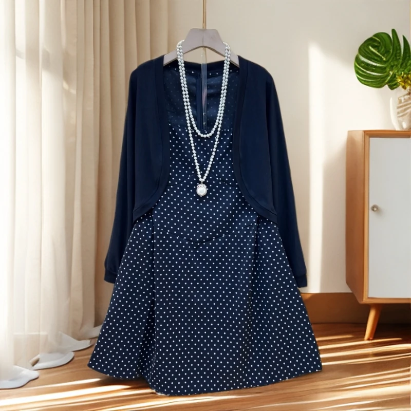 2025胖mm显瘦遮肚防晒开衫气质波点吊带连衣裙早秋大码女装两件套