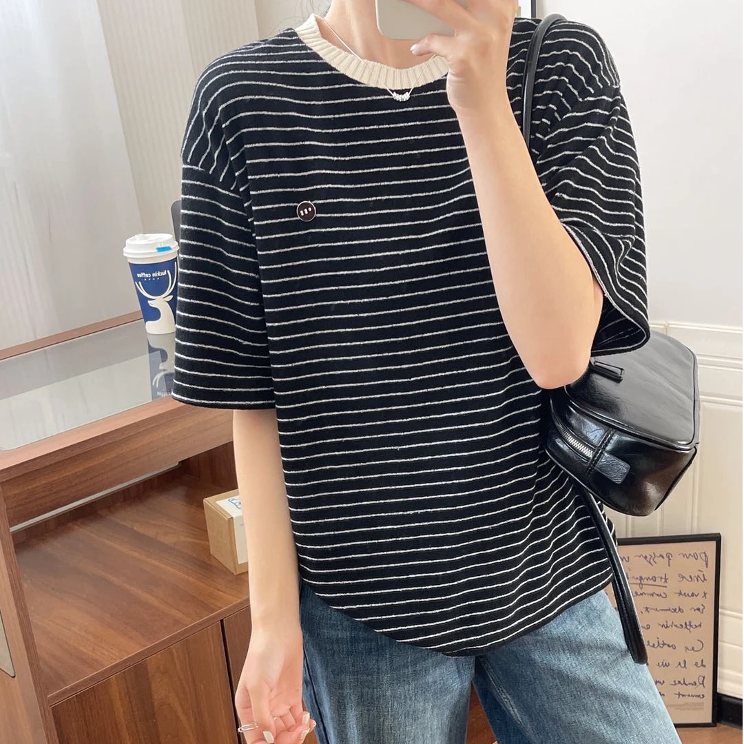 韩版百搭条纹宽松短袖T恤 毛巾布弹力大