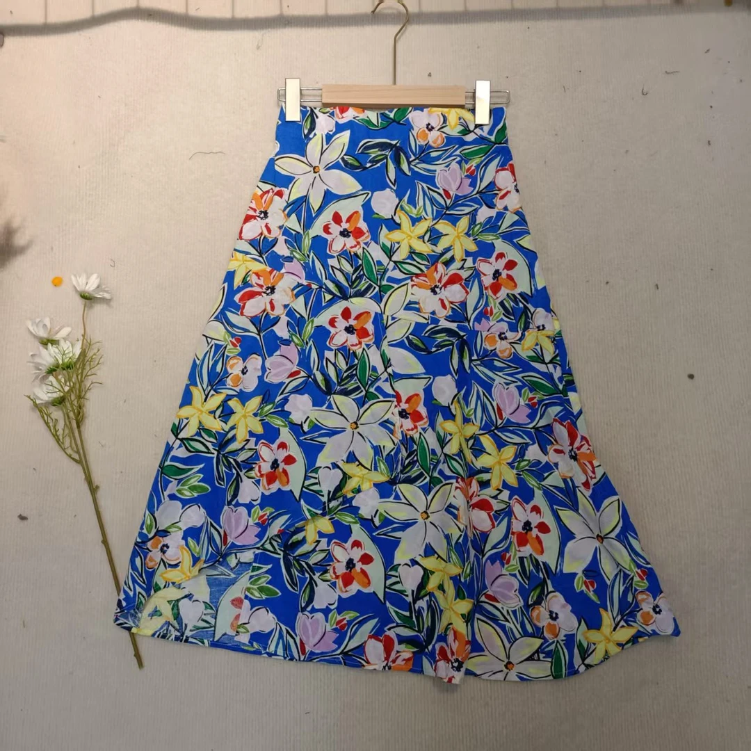 U家剪标   8仓A3-4-3861款    54亚麻印花彩色开叉半身裙