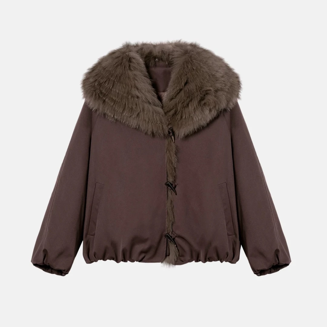 ”狐狸毛领“2025年新款冬季超大派克服鹅绒羽绒服