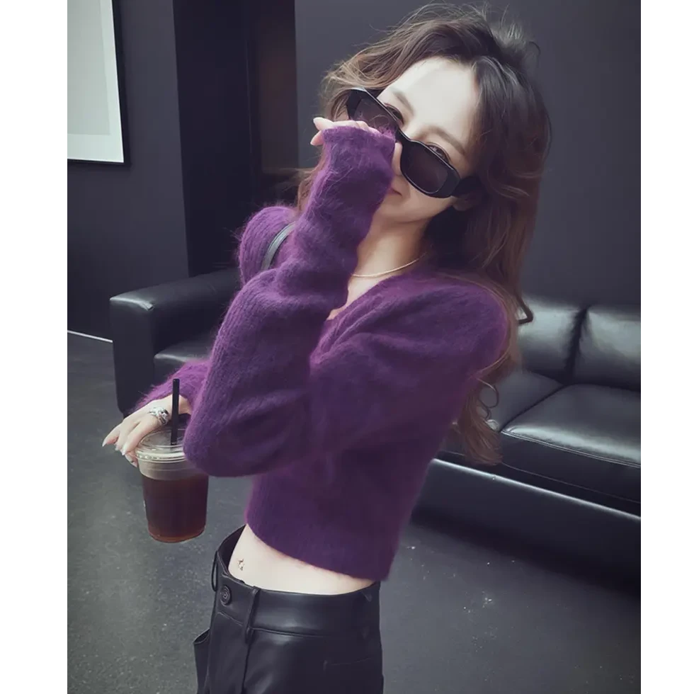 秋季高级感超好看韩系chic上衣女高端精致轻熟风紫色软糯针织毛衣