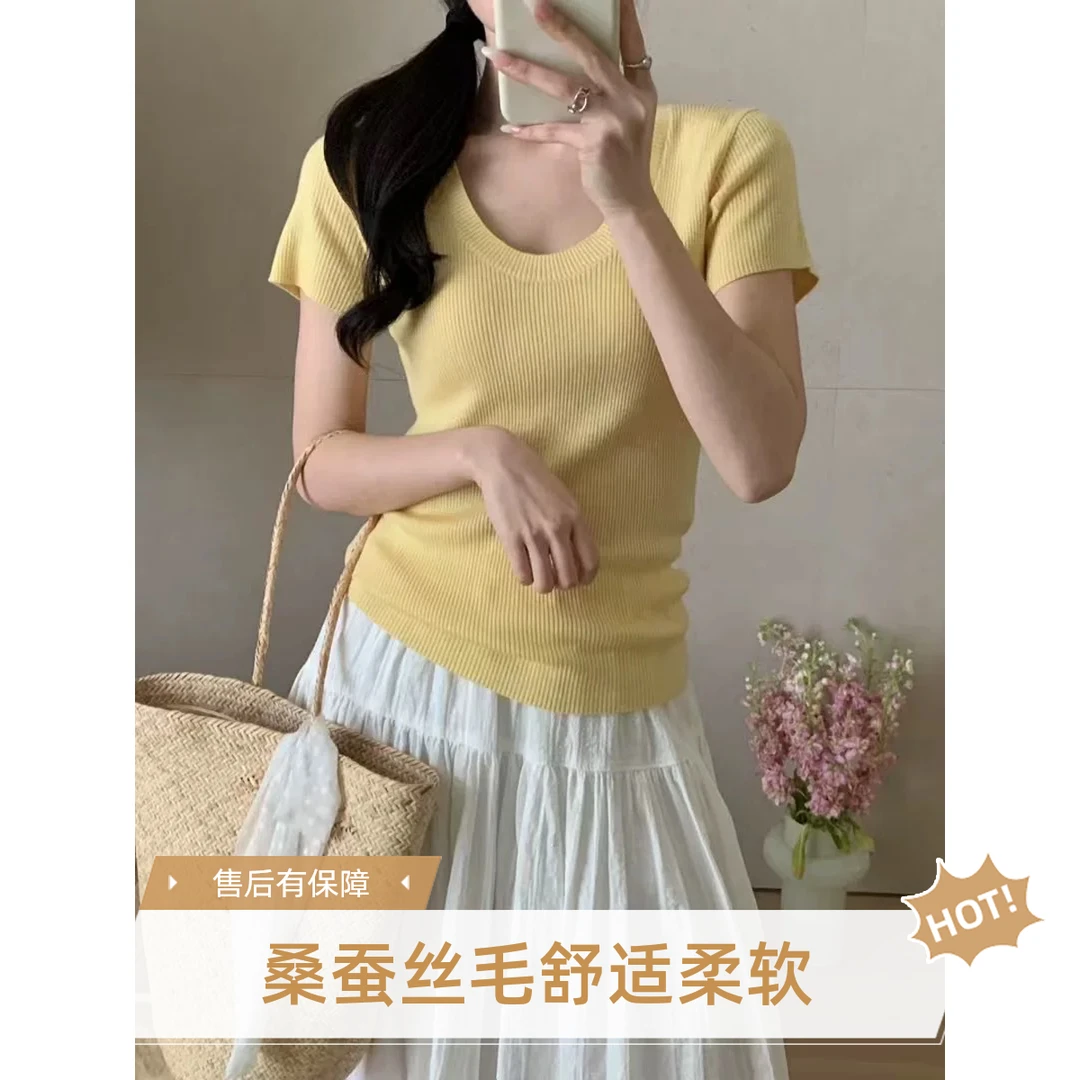 新款纯色桑蚕丝羊毛韩版设计感薄款U领针织衫显瘦百搭8123