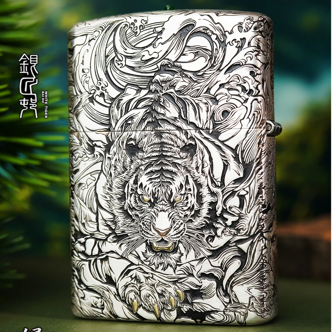 银匠村SILVIL防风煤油打火机999银机《四象风云·白虎》手工制作送礼