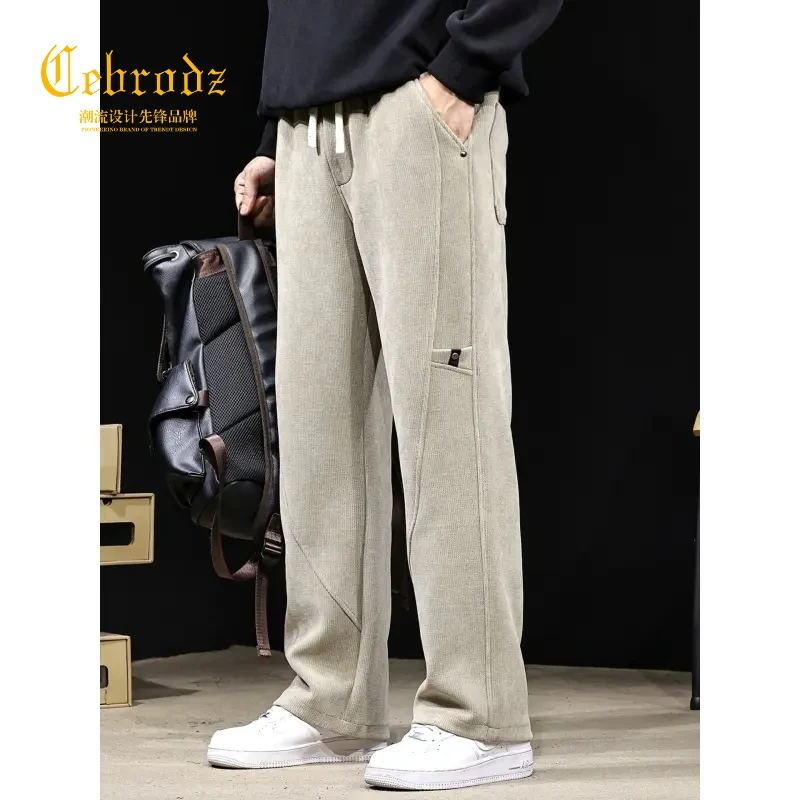 法国Cebrodz灯芯绒休闲裤男秋松紧腰潮流宽松直筒卫裤雪尼尔长裤