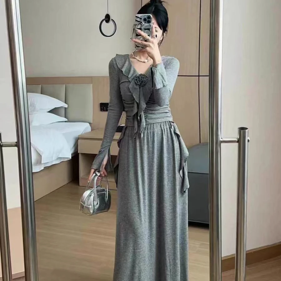 韩系辣妹V领荷叶边花朵飘带喇叭袖褶皱针织衫松紧腰半身裙两件套