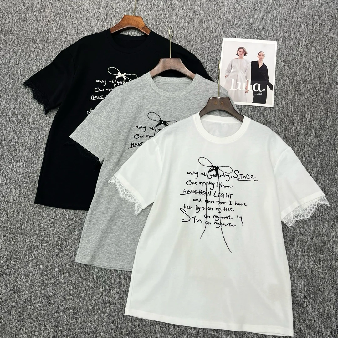 D31511南油爆款袖口拼蕾丝圆领t恤