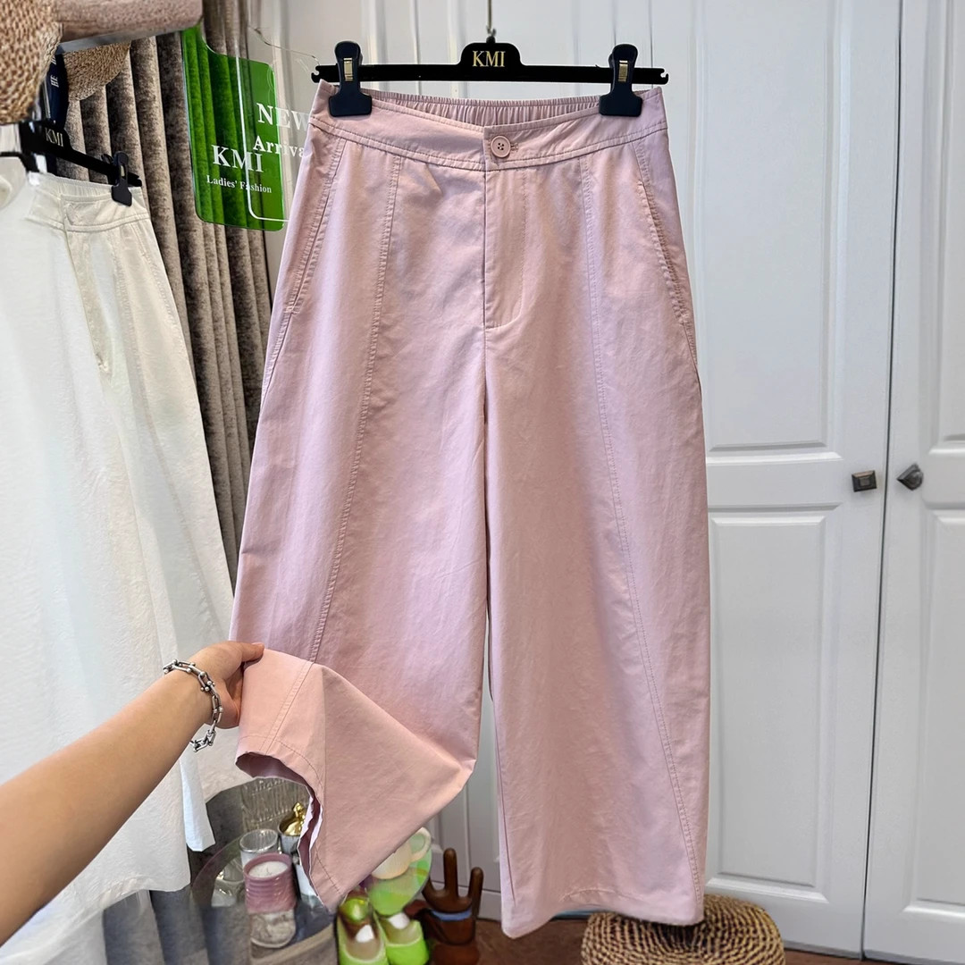 2025今年流行粉色高腰休闲裤女弯刀裤显瘦宽松阔腿八分裤夏季爆款