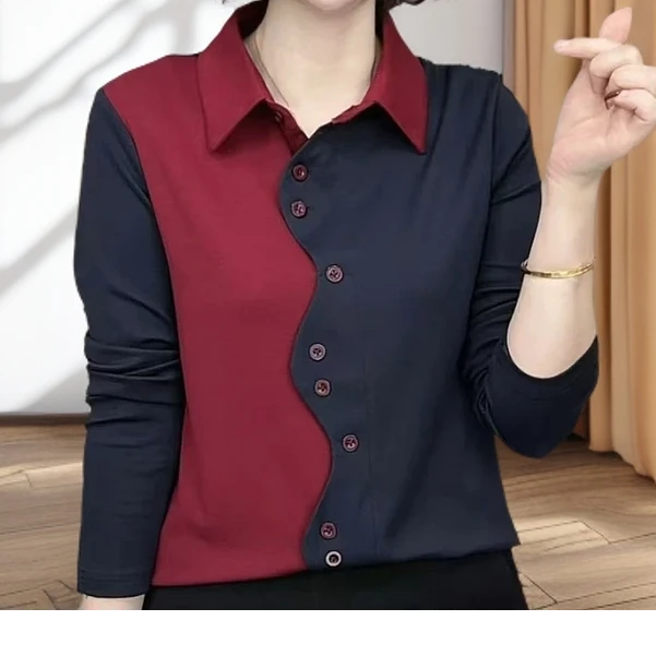 春秋新款时尚百搭减龄显瘦拼接长袖打底衫气质女士上衣