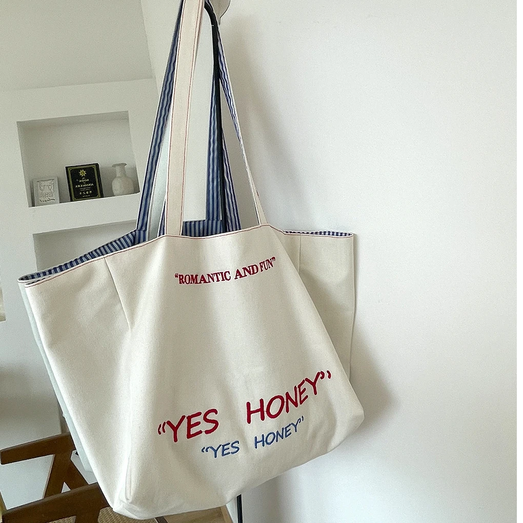 小船儿帆布包* 大容量托特包正反双面背条纹单肩包质感刺绣通勤包