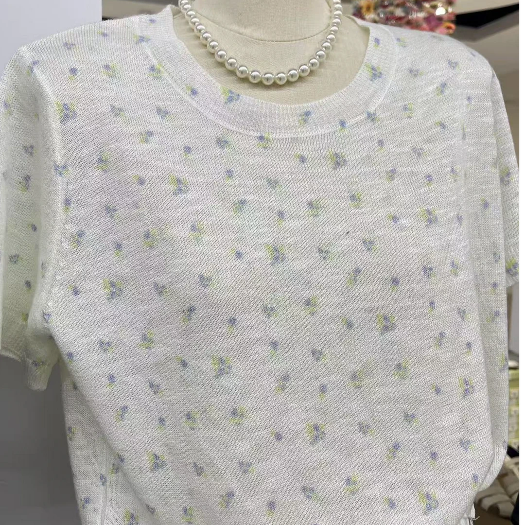 圆领碎花见详情夏季短袖毛针织衫针织衫百搭御姐风