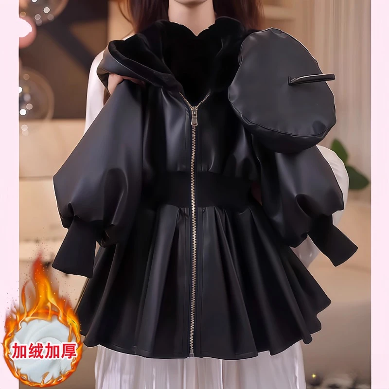 女童加绒软皮外套冬装2025新款加厚一体绒连帽PU中长款皮衣洋气潮