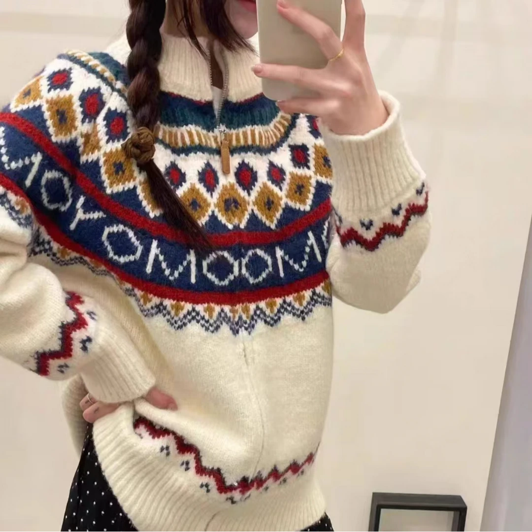 毛衣女北欧费尔岛高领加厚复古慵懒风针织开衫外百搭毛衣-MZ012