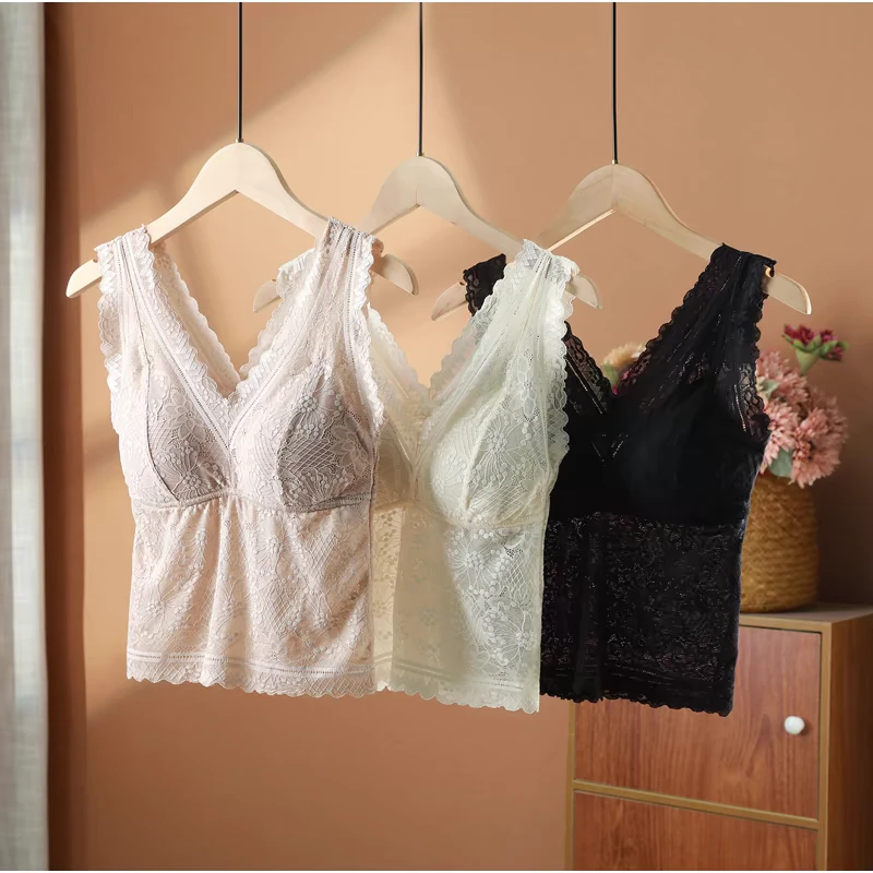 大码修身网红女背心夏天性感蕾丝吊带带胸垫舒适美背打底显瘦百搭