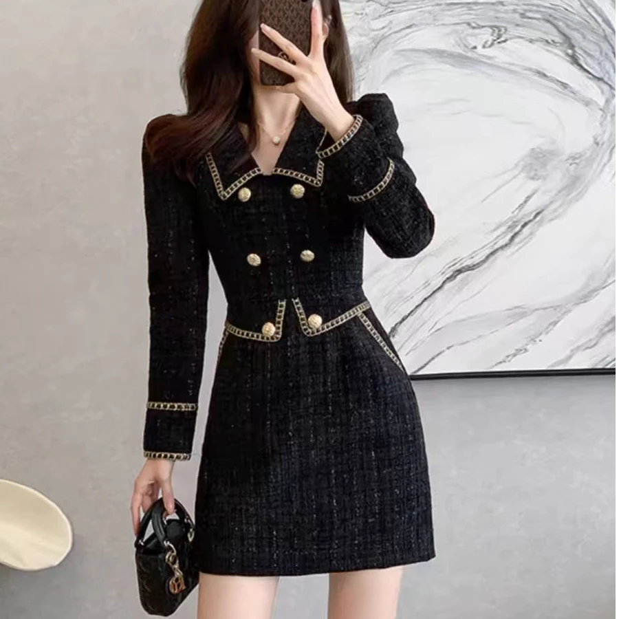 B33新款法式风精致黑色连衣裙女2024秋高端感裙子