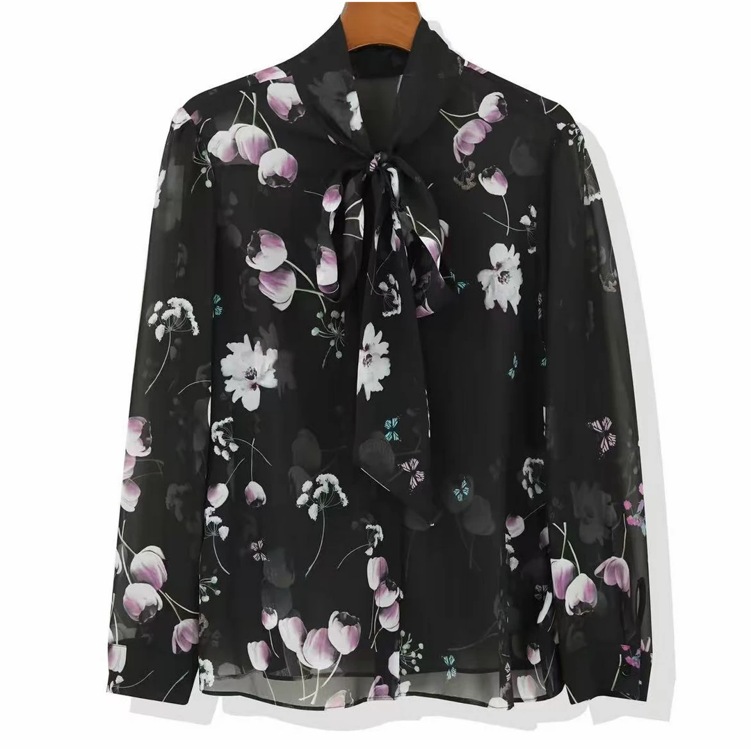 100%桑蚕丝减龄遮肚衬衫女士碎花上衣女式小衫25DAK0699