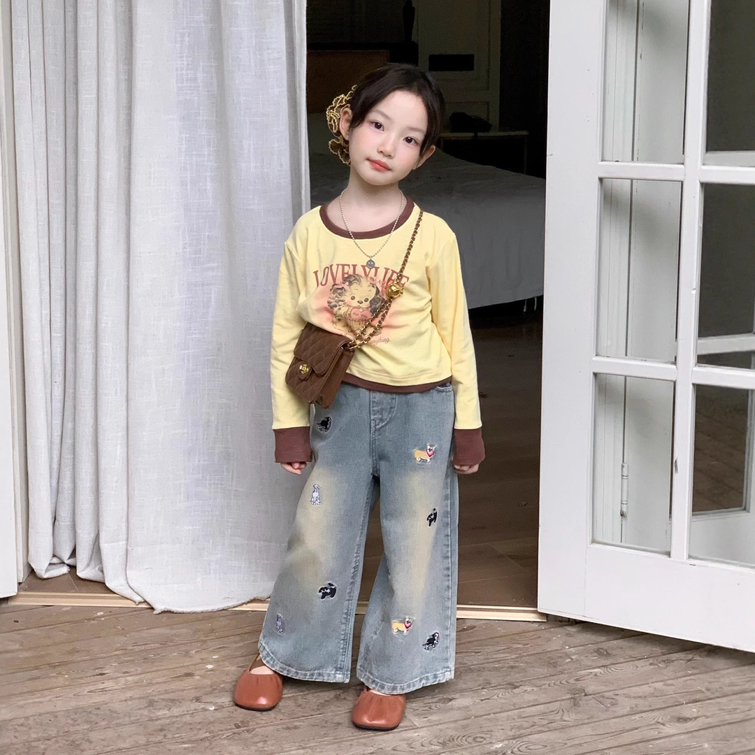 大橙子Studio女童2025秋季新款韩版小萌狗长袖上衣直筒阔腿裤套装
