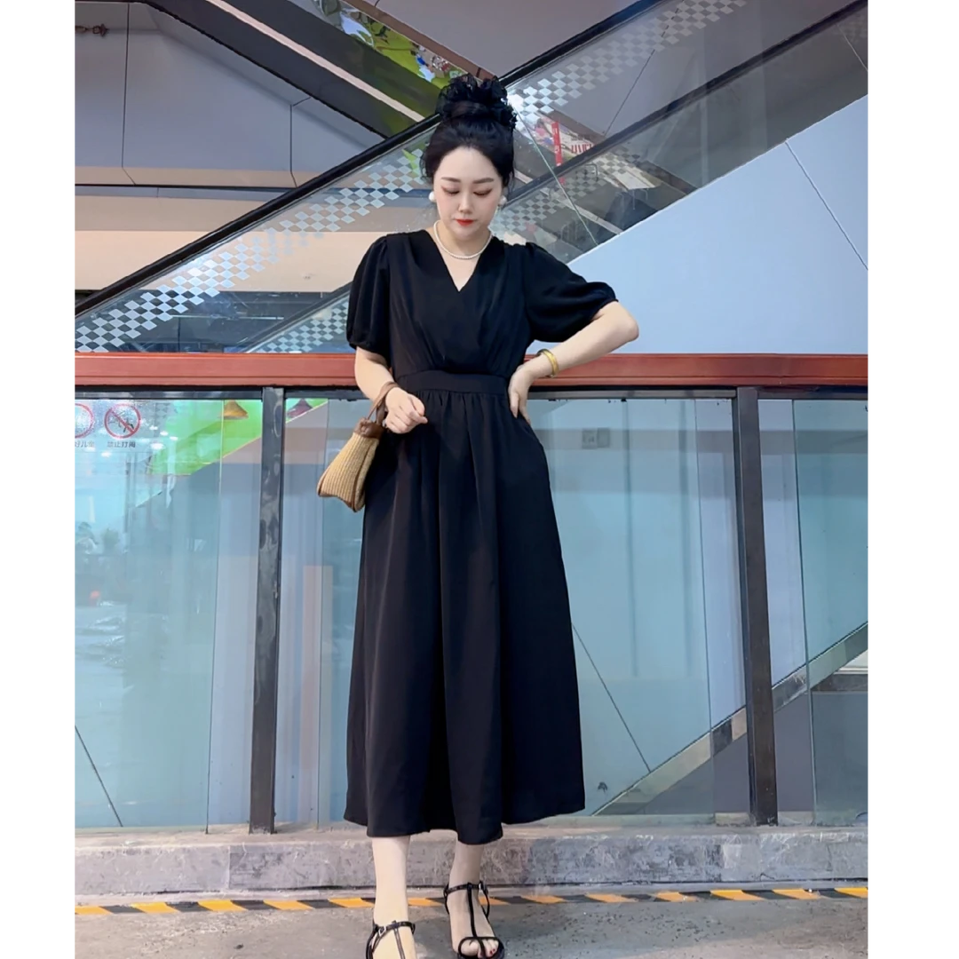 2030#2025夏季新款显瘦气质V领气质长款连衣裙