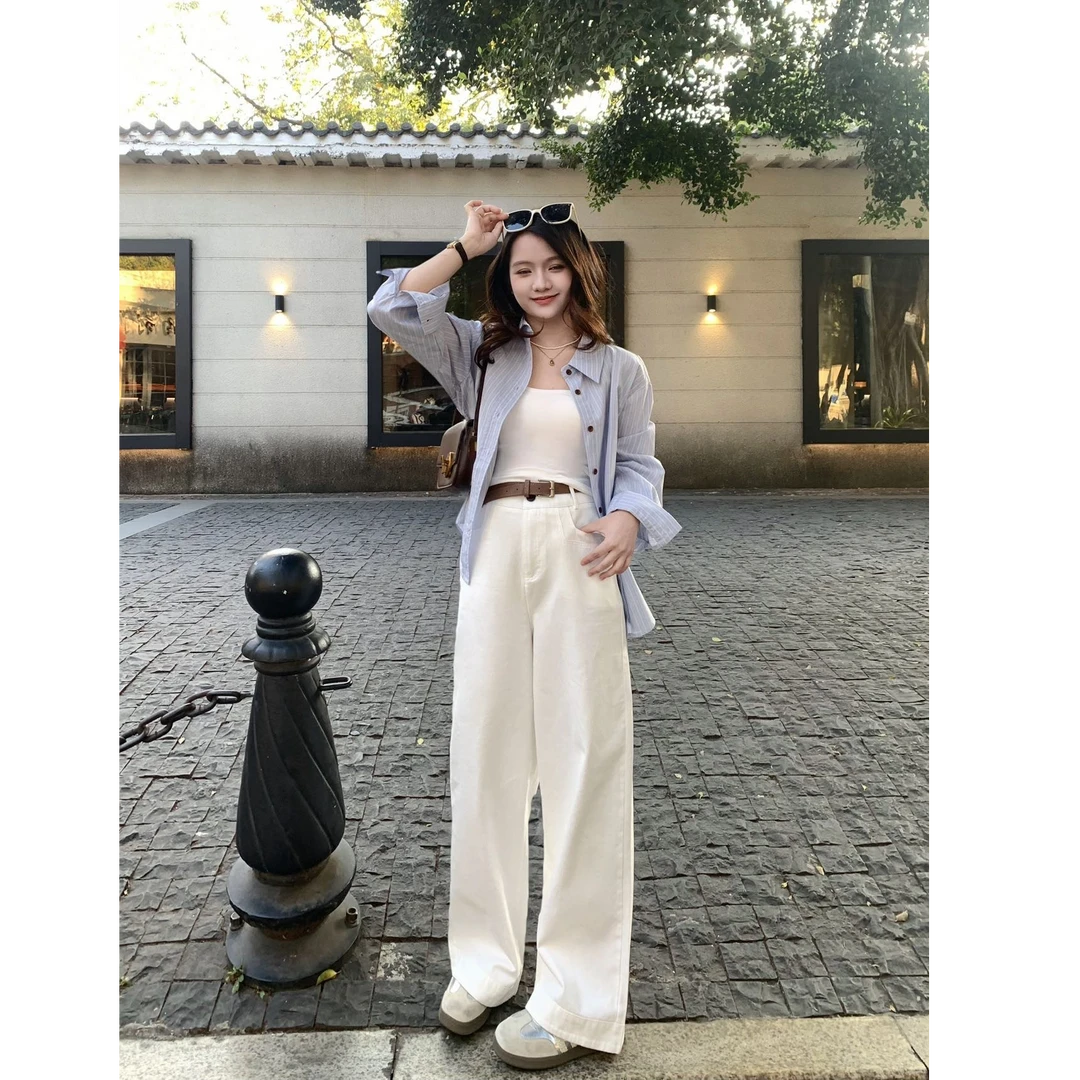 栗子小个子高腰白色牛仔裤女春秋2025新款宽松百搭显瘦休闲阔腿裤