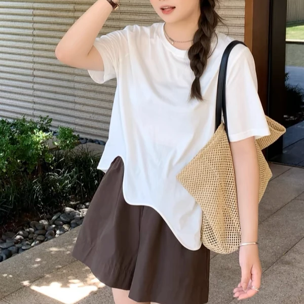 2024夏季设计感不规则短袖T恤宽松显瘦正肩上衣纯色休闲百搭圆领