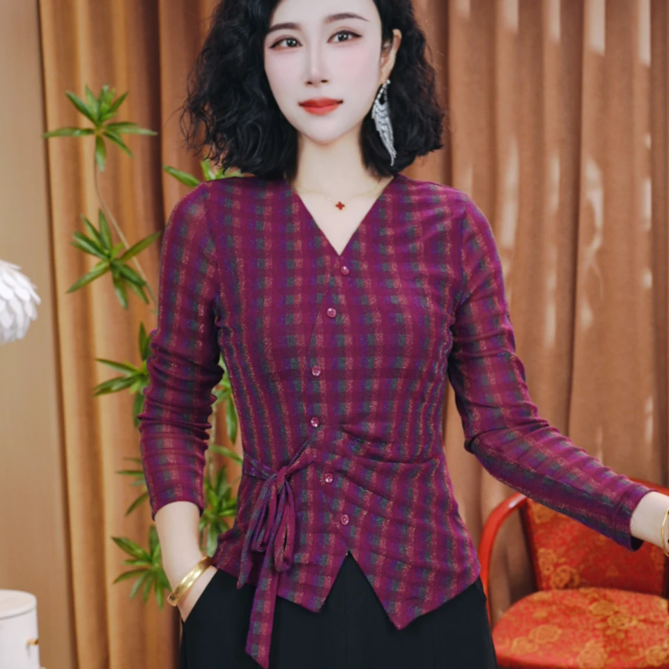 秋季新款休闲洋气长袖气质百搭V领不规则显瘦上衣小衫