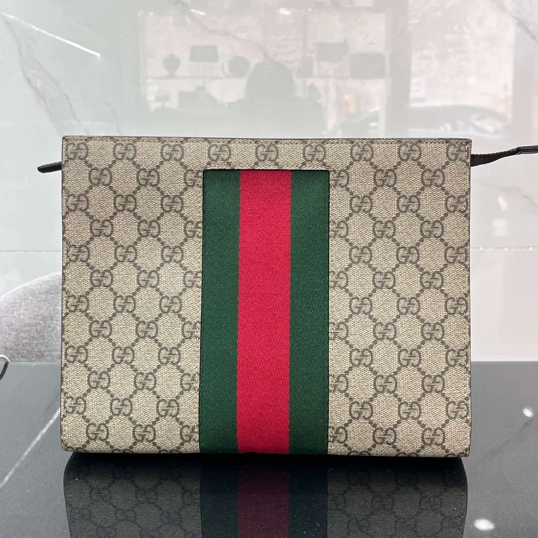 95新 GUCCI/古驰 古驰老花红绿条纹手拿包 12873255